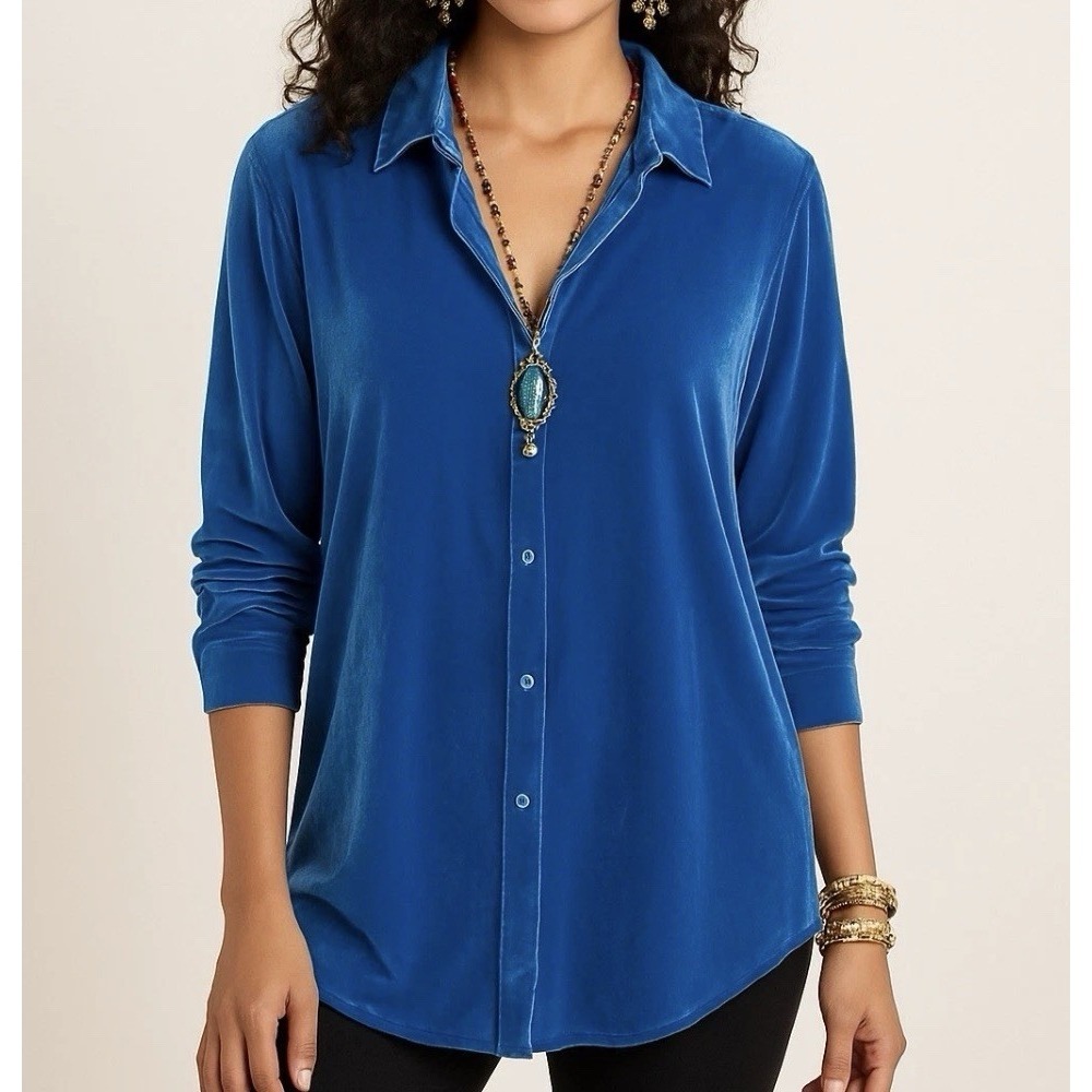Soft Surroundings Cobalt Blue Velvet Boyfriend Tunic Button Down Shirt XL Boho